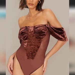 PLT Chocolate Brown Textured Velvet Draped Mesh Panelled Bodysuit US 6 🤎🤎🤎